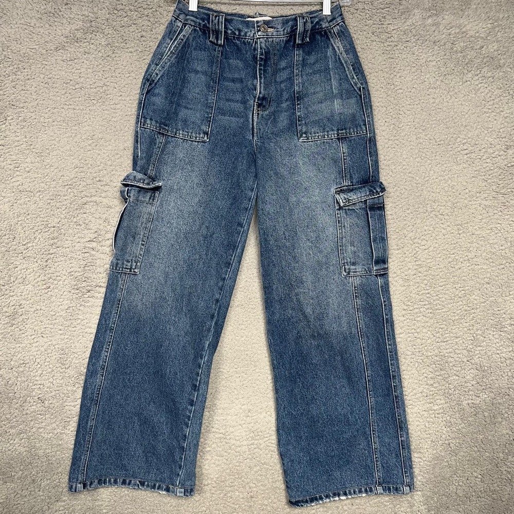 KanCan Jeans Women's Size‎ 7/27 Blue Denim Wash Cargo High Waist Wide Leg Pants